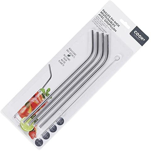 COOK CONCEPT - KV7270 - Paille en Inox X4 Avec Goupillon Art de la Table Jetable Reutilisable Fete Evenement Celebration Anniversaire