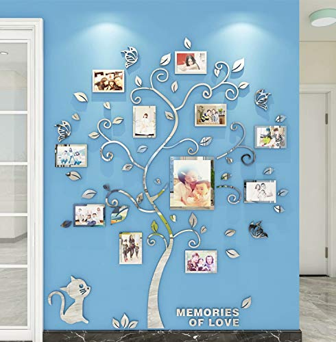 Wandaufkleber Baum Wandtattoo 3D DIY Familie Bilderrahmen Foto Sticker Familie Wandbilder Wandkunst für Hause Wohnzimmer Schlafzimmer (Silber,L-175 * 144cm)