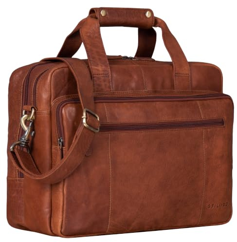 STILORD Experience XL Aktentasche Leder Herren 15,6 Zoll Laptoptasche Business Lehrertasche Große Umhängetasche Arbeitstasche Bürotasche mit Trolleyschlaufe Echtleder Farbe:Cognac - Dunkelbraun
