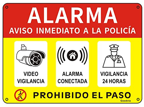Goodvia Cartel Alarma Aluminio Reflectante 18x25 cm, Placa Alarma Conectada Videovigilancia Metalico Cartel Prohibido el Paso Propiedad Privada Duradero, Impermeable y Resistente UV, 1PC