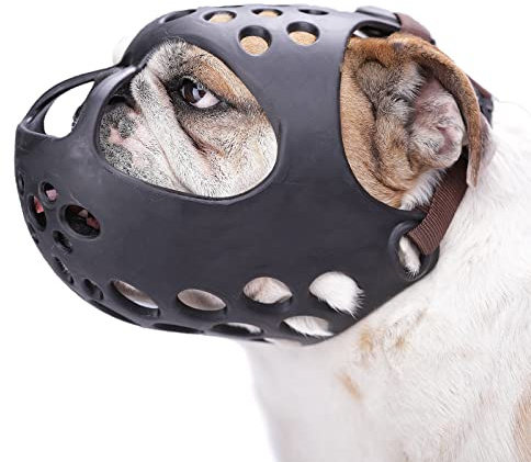 BARKLESS Dog Muzzle for Short Snout, Soft English Bulldog Muzzle for Biting, Chewing, Licking, Flat-Faced Bulldog Mouth Guard for Aggressive Dogs Grooming Walking, Allows Drinking