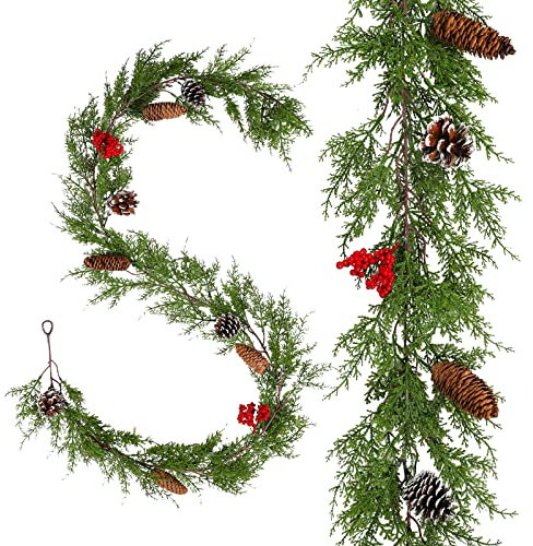 AnyDesign 1.8 m Weihnachtsgirlande mit roten Beeren, Tannenzapfen, künstliche Weihnachtsgirlande zum Aufhängen, Zedern-Girlande für Winter, Weihnachten, Party, Hochzeitsrahmen, Hintergrunddekoration