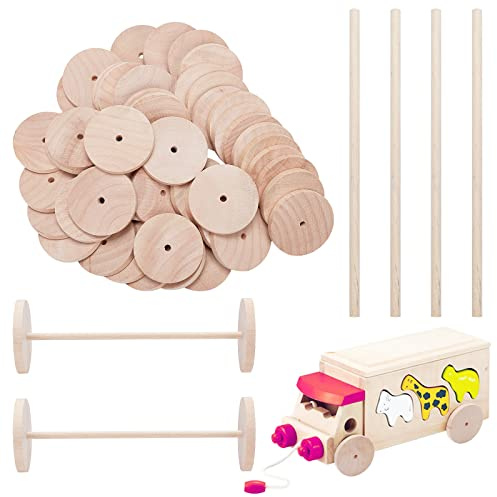 OLYCRAFT 26 Sätze Holzräder-Set Zum Basteln Malerei Holzbearbeitung | 50mm Durchmesser, Holzräder Mit Holzstäben, Unvollendete Flache Bastelräder, Rund Holzscheiben, 5.6mm Loch