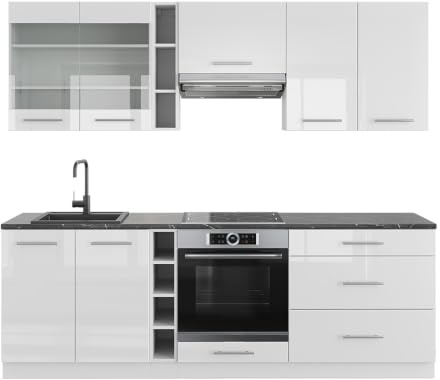Vicco Küchenzeile Fame-Line, Weiß Hochglanz/Weiß, 235 cm | 9 Module · Höhenverstellbare Füße · Ohne Arbeitsplatte · MDF-Fronten · Softclose · Metallgriffe