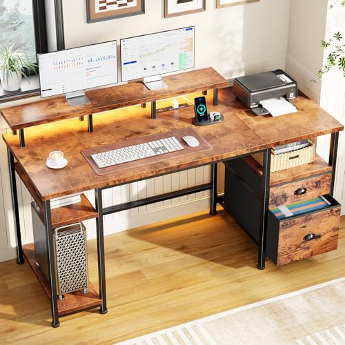 Furologee 61 Computer Desk with Power Outlet & LED Lights, Reversible Gaming Desk with File Cabinet & Monitor Stand for Home Office, Writing Study Table with Storage Shelves and Drawer, Rustic Brown