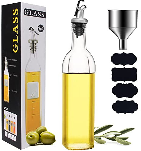 XYUXWLG Oil Bottle, Oil Dispenser Olive Oil Bottle Drizzler Vinegar Bottles 500ml/17OZ Lead-Free Glass Oil Bottle for Kitchen with Spouts Dispensing Funnel and 4 Name Sticker