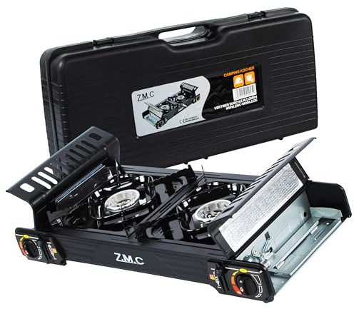 Z.M.C PREMIUM Camping Gaskocher 2-flammig, Campingkocher mit Zündsicherung für Outdoor und Innenraum, Doppelgaskocher mit Piezozündung, Balkon Tisch Campinggaskocher