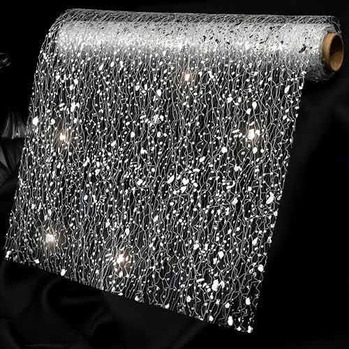 O-STOREYA Tischläufer in Silber – 3 m x 29 cm Rolle, glitzernder Dekostoff in Netzoptik, zuschneidbar für Hochzeit, Party & stilvolle Tischdekoration im Alltag