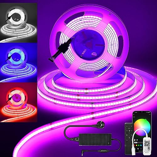 LED COB Strip 5m, WiFi LED cob Streifen RGBW(RGB+Kaltweiß) Lichtband Led Selbstklebend Lichtleiste, 784 LEDs/Meter, led Stripe Alexa mit Fernbedienung Kompatibel mit Alexa Google Home