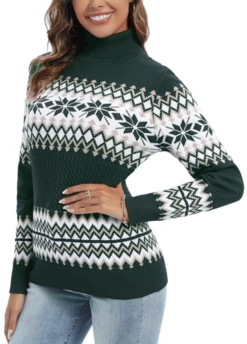 Suéter Navidad Mujer Cuello Alto Navideño Prendas de Punto Adherente Tops Manga Larga Jersey Calcetín Básico Invierno Jerséis Elegante Verde XL