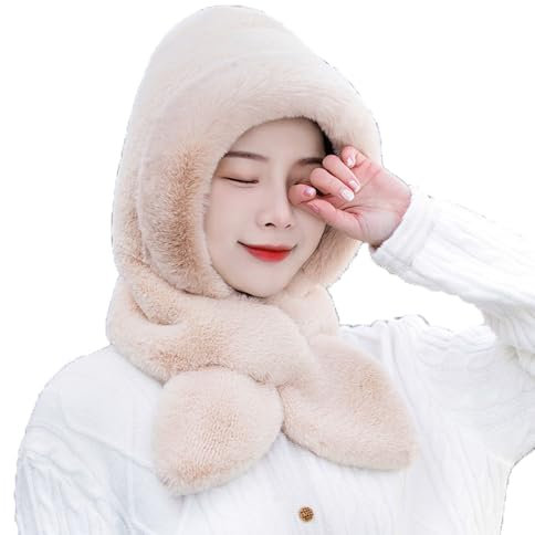 LJRPUPY Warme Kapuzenschal Mütze Ski Schnee Hüte Fleece gefüttert Winter Pelz Kappe Halswärmer für Frauen Mädchen, khaki, Einheitsgröße