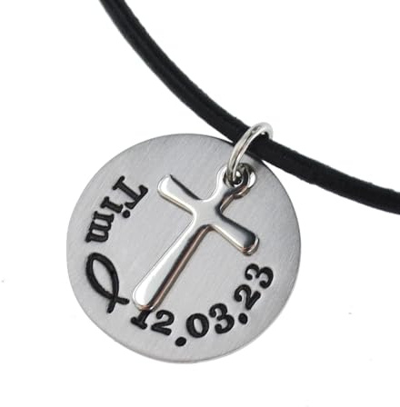Timbalino Namenskette mit Kreuz, Plättchen mit Gravur, Personalisierte Taufkette Handgefertigt aus Edelstahl