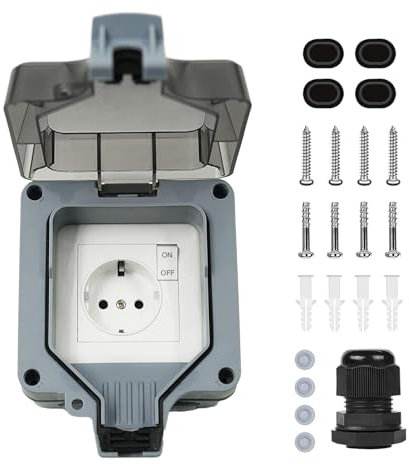 Marscharm Grey Outdoor Socket IP66 Waterproof 1-Way with Hinged Lid Lockable Surface-Mounted Wall Socket for Garden Kitchen Garage Laundry Outdoor