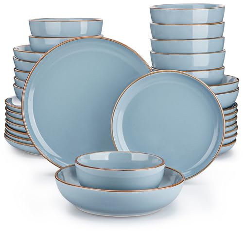 vancasso Dinner Sets, Nymph Blue Plates and Bowls Set, 32-Piece Color Glaze Crockery Set with 10.5in Dinner Plate, 8in Salad Plate, 1340ml Pasta Bowl and 800ml Cereal Bowl