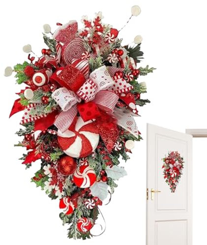 Weihnachts-Türkranz – Weihnachtskranz mit Ständer Candy – Innendekoration für Ferienhäuser, Wandfenster innen und außen Cenmoo