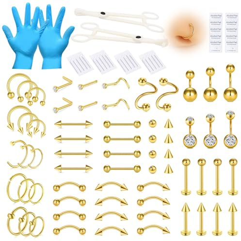 AVYRING Piercingset med 99 delar, blandade smycken, gör-det-själv-piercing, 14G/16G/18G/20G/316L kirurgiskt stål, piercingnålar, verktyg för näsa, navel, ögonbryn, läpp, tunga, öra, tragus, helix,