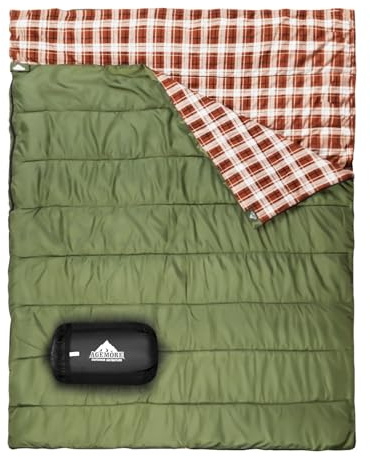 Sacco a letto doppio in cotone flanella per campeggio, zaino o escursionismo. Sacco a letto impermeabile Queen Size 2 persone per adulti (Verde/Marrone)