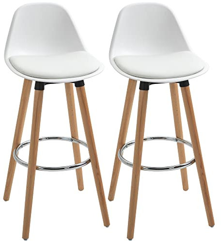 HOMCOM Barhocker 2er Set, Gepolstert Barstuhl mit Holzbeine und Rückenlehne, Küchenstühle mit Fußstütze aus Stahl, Tresenhocker für Küche, Wohnzimmer, Esszimmer, Kunstleder, Weiß