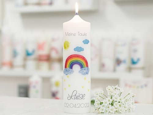 meinkerzenshop Taufkerze mit Designdruck Regenbogen bunt personalisiert mit Name und Datum, individuell für Junge und Mädchen