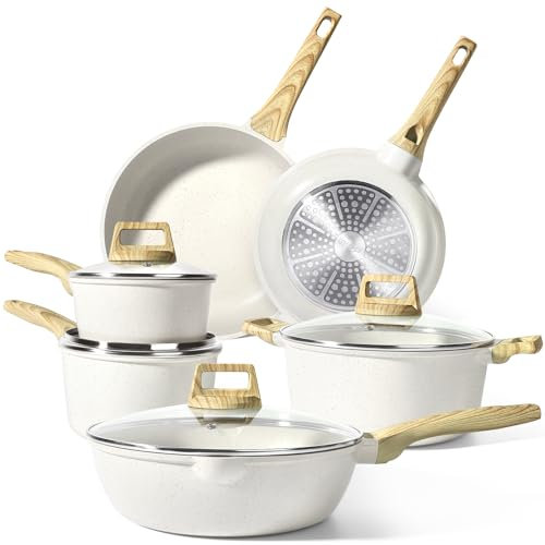 GiPP Nonstick Pots and Pans Set,10Pcs Induction Cookware Sets,Non Stick Ceramic Cooking Set with Frying Pans,Saucepans,Suitable for All Stoves (White, 10PCS)