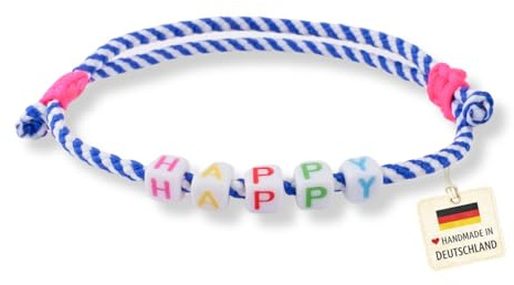 happymaker - Boho Schmuck für den Sommer, wasserfest und handmade in Deutschland, Surfer Armband Damen aus Segeltau mit echter Süsswasserperle, Buchstaben und Anhänger