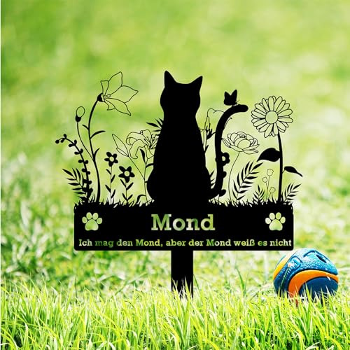 BeNsil Grabstein Katze für Draußen,Tier Grabstein Katze,Design Gedenkstandbild Gedenktafel mit Gravur Fotogravur, Design Edelstahl Grabstecker Katzenfigur