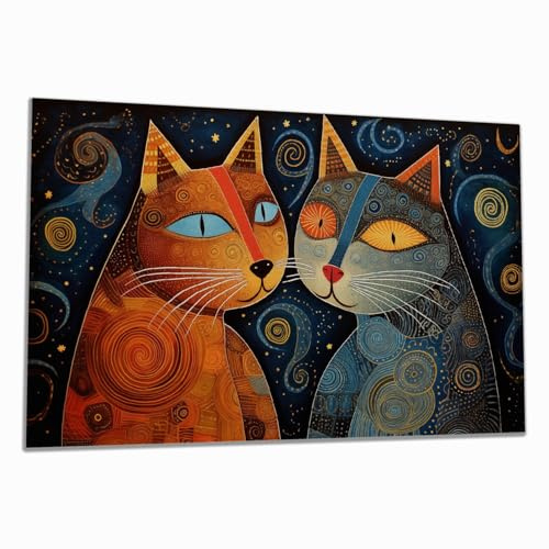 Wallario Herdabdeckplatte/Spritzschutz aus Glas, 1-teilig, 80x52cm, für Ceran- und Induktionsherde, Kosmische Katzenfreunde
