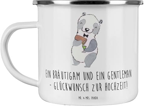 Mr. & Mrs. Panda Camping Emaille Tasse Bräutigam Gentleman - Geschenk, frisch verheiratet, Edelstahl Trinkbecher, Hochzeitsglückwünsche, Metalltasse,