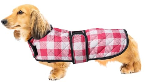Geyecete Wasserdichter Hundemantel für Dackel, Hundejacke Winter Mit Warmem Fleecefutter, Verstellbare Outdoor Hundebekleidung für Miniatur Dackel - Kariert Rosa - XS