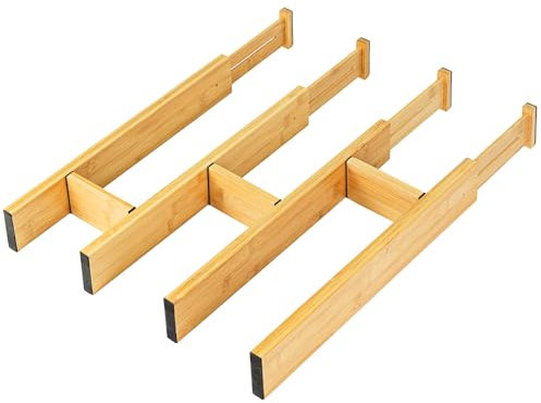 EcoFives Adjustable Bamboo Drawer Dividers with Inserts, Expandable Spring-Loaded Drawer Organizer for Kitchen, Clothes, Tools, Silverware, Bamboo Drawer Organizer Separators - 4 Large Pieces