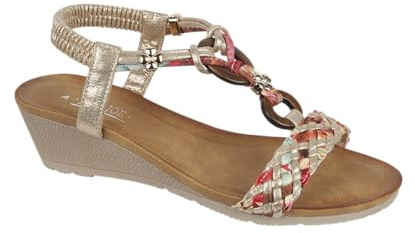 Jo & Joe Ladies Mid Heel Wedge Comfort Sandal with Glitzy Jewels and Elasticated Slingback Strap, Flexible sole sizes 4-8 (Gold 2, UK Footwear Size System, Adult, Women, Numeric, Medium, 5)