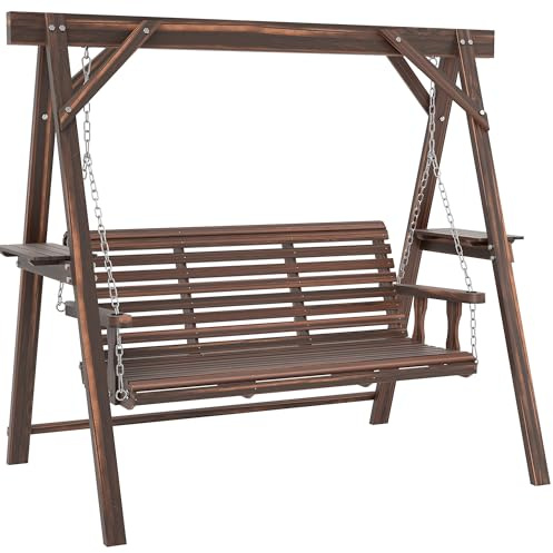 Outsunny 3 Seater Garden Swing Seat, Wooden Swing Chair Bench with Side Tables and Metal Chains, for Outdoor Porch Patio, Carbonised Brown