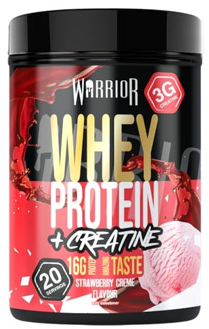 Warrior Whey Protein with Creatine Powder | Up to 34g High Protein for Muscle Growth, Strength & Recovery | Low Sugar, Low Carb, Low Fat | Lean Muscle Support | GMP Certified | Strawberry Crème