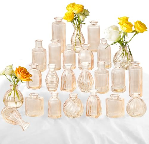 Champagne Bud Vases in Bulk 24 Packs Amber Glass Vase for Decor Centerpieces, Small Ribbed Vases for Flowers Stripe Modern Bud Vases Vintage Vases for Floral Wedding Party Table Decoration Home Decor