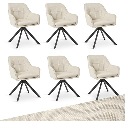Goeurvant Svängbar Matsalsstol Beige med Armstöd, 6-Pack Svängbara Matsalsstolar, Köksstol, Polsterstol, av Polyester, med Metallben för Matsal Kök Kontor