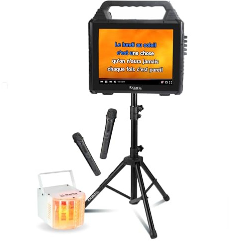 Ibiza - Pacchetto Karaoke Altoparlante Portatile Schermo USB Bluetooth Ibiza KARAVISION su Piede - Effetti Luce Party-Derby - Eventi Serata