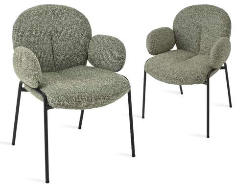 Goeurvant Esszimmerstühle 2er Set Tannengrün mit Armlehne - Moderne Polsterstühle mit Hoher Lehne,Metallgestell,Höhenverstellbare Füße,Leinen Küchenstühle für Wohnzimmer,Esszimmer,Schlafzimmer