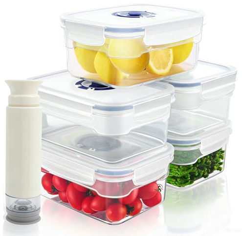Frischhaltedosen mit Deckel Set, Auslaufsicher & Vakuum Behältern mit Pumpe, BPA Frei, Meal Prep Boxen mit Datumsanzeige, Stapelbar, Mikrowellengeeignet, 100% Luftdicht für Frische (5x1000ml, Blau)