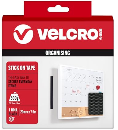 VELCRO Märke | Självhäftande tejp | Klipp-till-längd stark krok och ögla självhäftande tejp perfekt för rumsinredning och hem, kontor, garage användning | Svart | 20 mm x 7,5 m