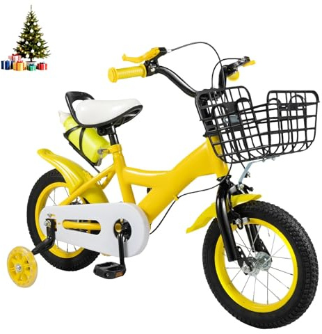 HUOMMGS Kinderfahrrad 12 Zoll Upgraded Jugend Fahrrad für ab 2-4 Jahre Kinder Fahrrad mit Stützrädern und Korb Höhenverstellba Kinderfahrrad für 80-95cm Jungen & Mädchen (Gelb)