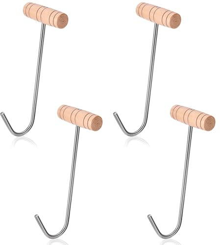 OwnMy 4PCS Wooden Boot Hooks Cowboy Boots Pullers, Stainless Steel Boot Jack Removers Hooks with Long Handles, Indoor Outdoor Women Men Shoe Horns Boot Put on/Wear Helper Accessories