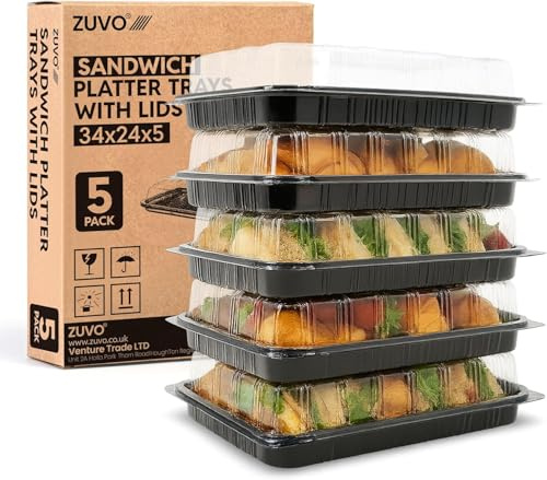 Zuvo Reusable Party Food And Sandwich Platter Trays with Lids (Pack of 5), Sandwich and Buffet Serving Platters for Catering, Events, and Parties – Freezer Safe Plastic Trays with Lids (34x24x5cm)