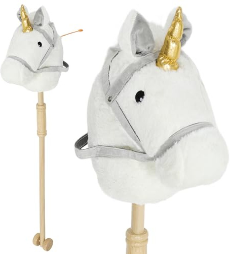 AIYAPLAY Tête de cheval avec bâton en bois, design licorne, sons et roues, cheval jouet, 95 cm de haut, blanc