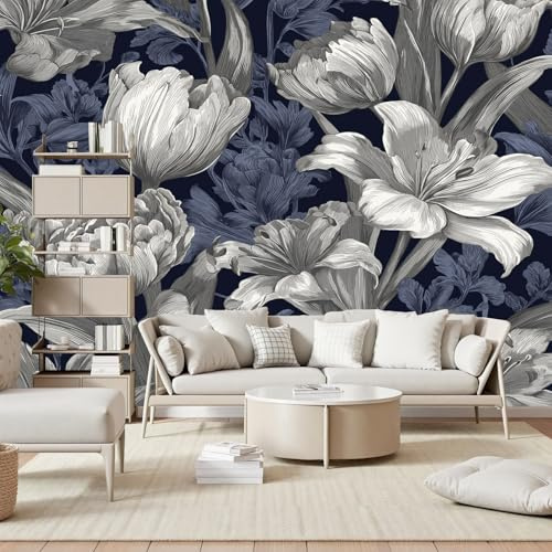 Gaqinhh Fleur de Lys Grise Papier Peint Panoramique, Pastoral Pflanzen Blätter Papier Peint Salon, Tapisserie Murale Intissé Wallpaper 3d Chambre Cuisine Salle de Bain, 350 x 256 cm