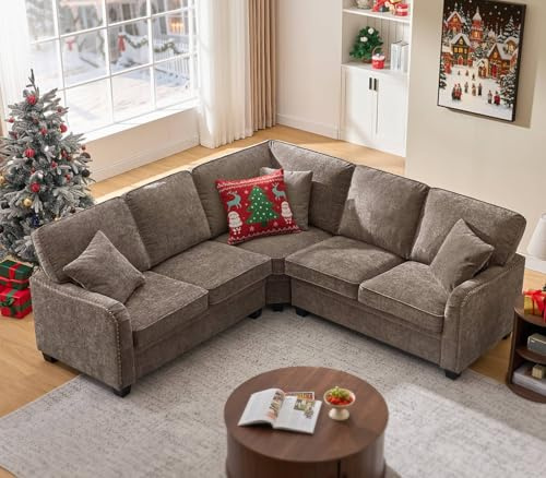 ONBRILL Corner Couch, 84 Small Sectional Sofa with Nailhead Trim Arms & 3 Pillows, Chenille Fabric, Comfy Convertible L Shaped Sectional Couch for Living Room, Small Apartment, Brown