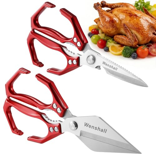 Wenshall 2-Pack Heavy Duty All-Purpose Kitchen Scissors, Stainless Steel, Kitchen Shears for Cutting Chicken, Poultry, Game, Meat - Chopping Vegetable, Dishwasher Safe,Christmas (Red)
