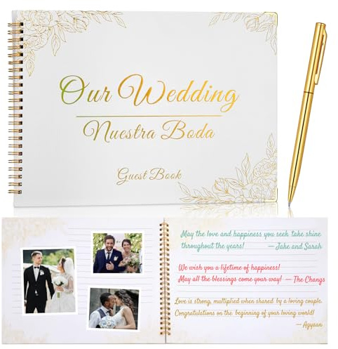 Wedding Guest Book with Pen 11.5 x 8.5 Inch Large Gold Foil Guest Book for Wedding Reception Leather Guestbook Photo Album Sign for Bridal Shower Birthday Party Supplies 120 Lined Page/60 Sheets