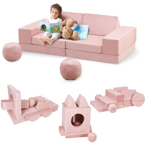 JOLLYTOP 12 Pcs Modular Kids Play Couch, Fold Out Toddler Couch with 2 Balls and Tunnel, Soft Foam Convertible Kids Sofa for Playroom, Child Sectional Sofa for Playing, Sleeping, Creating, Pink