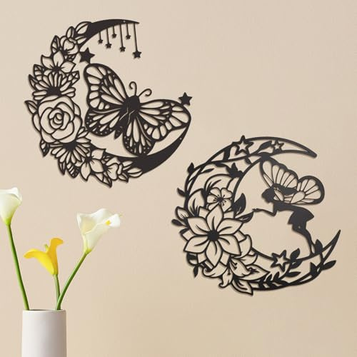 YunBey Juego de 2 adornos murales metálicos, hada luna mariposas y flores