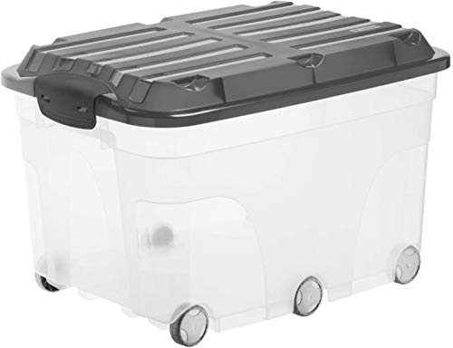 Rotho Roller 6 Aufbewahrungsbox mit Deckel 57 L groß mit Rollen Anthrazit | Aufbewahrungsboxen, stapelbar und platzsparend, sicher verschließbar, transparenter Behälter, Deckel in Anthrazit, praktisch